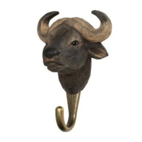 Hand Carved Wooden African Buffalo With Hook By Wildlife Garden