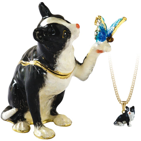 Black And White Cat With Butterfly Trinket Box With Necklace From The Arora Design Hidden Secrets Collection