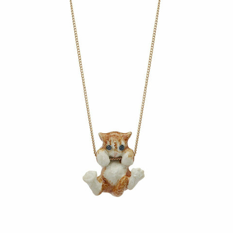 AND MARY Ceramic Playful Ginger Kitten Pendant with Silver Plated Necklace