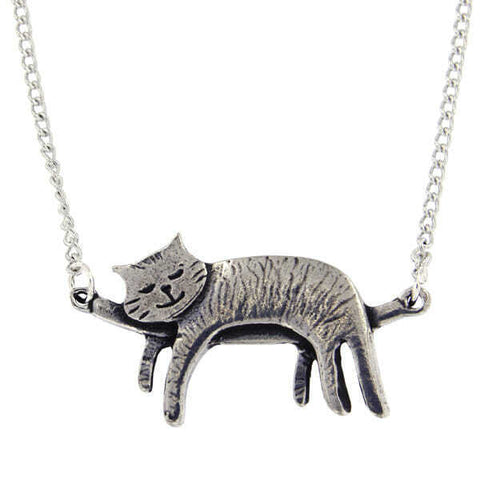 ST JUSTIN PEWTER CAT SLEEPING NECKLACE Long