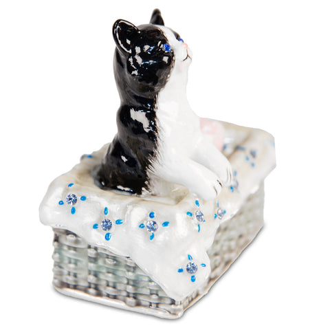 Juliana: Trinket Box: Treasured Trinkets: - Black and White cat in Basket